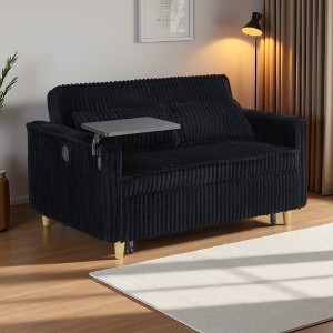 54" Corduroy Pull-Out Sofa with USB & Transformable Bed - 1 of 4