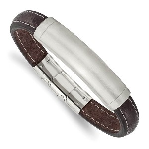 Black Bow Jewelry Brushed Stainless Steel Dark Brown Leather Adj. I.D. Bracelet, 8.5 In - 1 of 4