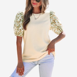 Amaryllis Women’s Mixed Fabric Puff Sleeve Knit Top with Floral Contrast Sleeves Ribbed Knit Body - 1 of 4