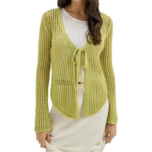 Womens Summer Cardigans V Neck Front Tie Crochet Cardigan Knit Long Sleeve Beach Cover Ups Tops Open Front Cardigan Summer Everyday Outfits - 1 of 4