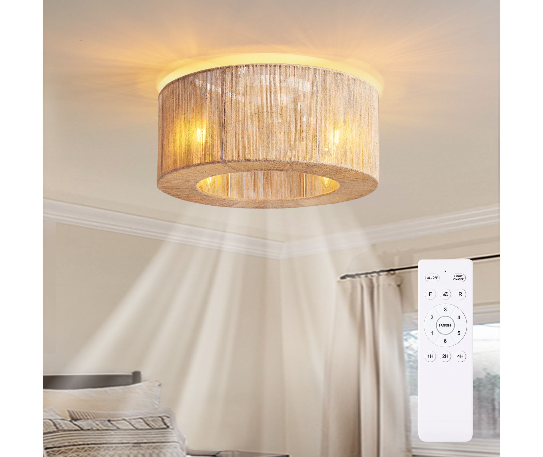 Ludomide 17.7"  Boho Flush Mount Caged Ceiling Fan With Lights and Remote, Rustic Low Profile Fandelier For Bedroom