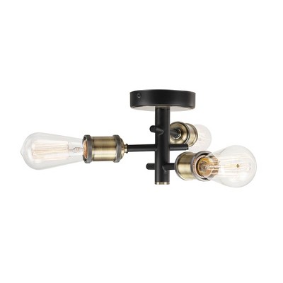 3-Light Shipka Flush Mount Ceiling Light with Antique Brass Accent Matte  Black - Globe Electric