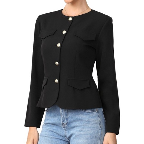INSPIRE CHIC Women's Business Casual Crew Neck Button Down Fitted Long Sleeve Office Blazer Medium Black