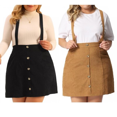 Agnes Orinda Women's Plus Size Button Up Flare Corduroy Suspender Elastic Back A-Line Mini Skirt