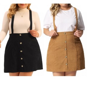 Agnes Orinda Women's Plus Size Button Up Flare Corduroy Suspender Elastic Back A-Line Mini Skirt - 1 of 4