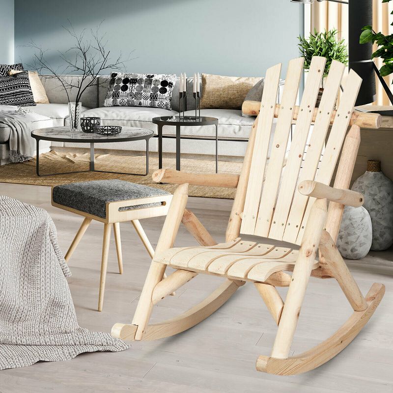 Costway Log Rocking Chair Wood Single Porch Rocker Lounge Patio Deck Furniture Natural, 3 of 11