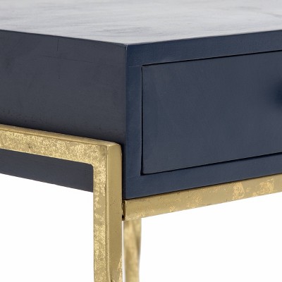 Navy Blue Mango Wood Accent Table with Gold Metal Frame