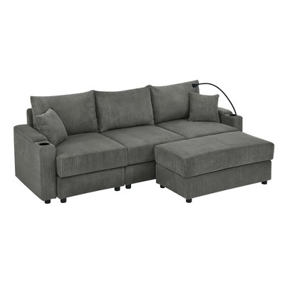 GDFStudio Rod Modern 3 Seater Corduroy 102" Sofa with Cup Holders,Mobile Phone Holder, Armrest Storage and Ottoman