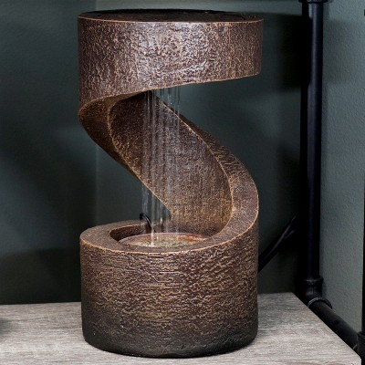 Brown Polyresin Spiral Tabletop Water Fountain with LED Light