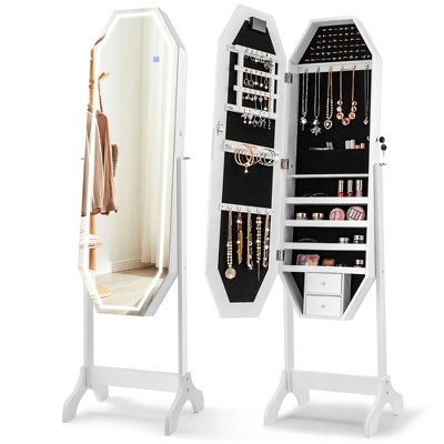 Costway Standing Jewelry Cabinet Armoire Organizer LED Light Mirror Lockable White