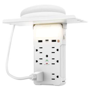 Fosmon [ETL Listed] 6-Outlet Wall Plug Extender with Surge Protector (1,200J), USB-C, USB-A, Adjustable LED Night Light & Shelf - White
