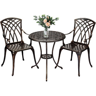 Cast Aluminum Patio Bistro Set with Umbrella Hole, 3 Pcs Outdoor Bistro Set Rust-Resistant, Patio Table and Chairs for Garden, Patio Balcony