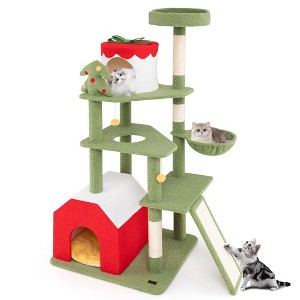 Tangkula 61" Tall Christmas Cat Tree w/ Sisal Scratching Posts Plush Perch & 2 Condos - 1 of 4