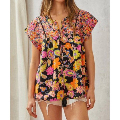 Women's Print Babydoll Top With Floral Embroidery - Savanna Jane
