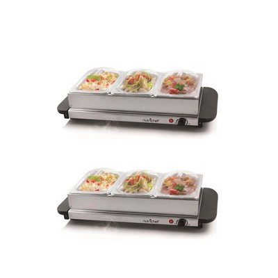 NutriChef Portable 3 Pot Electric Hot Plate Buffet Warmer Chafing Serving Dish with Clear Lids for Restaurants, Hotels, and Parties (2 Pack)