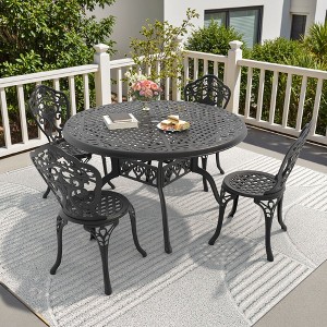 5-Piece Patio Set: Round Table & 4 Chairs - Cast Aluminum, All-Weather/Umbrella Hole & Adjustable Legs for Balcony/Backyard - 1 of 4