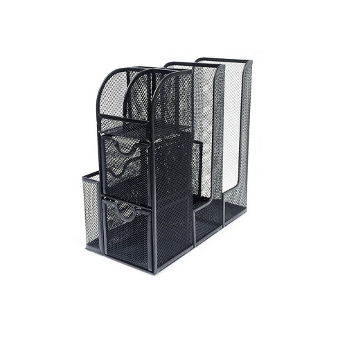 Mind Reader 6 Compartment Upright Breakroom Coffee Condiment and Cup  Storage Organizer, Black Metal Mesh