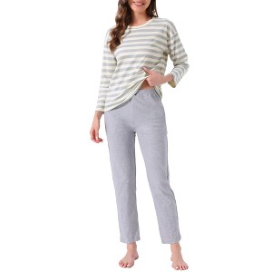 INSPIRE CHIC Women's Lounge Set Cotton Striped Dot Strawberry Print  Long Sleeve Round Neck Cute Pattern Pants Set Sleepwear - 1 of 4