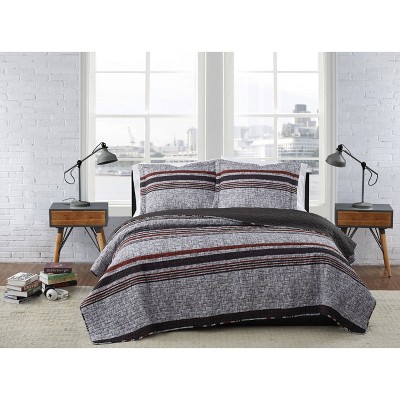 Twin XL 2pc Warren Stripe Quilt Set Gray/Black - London Fog