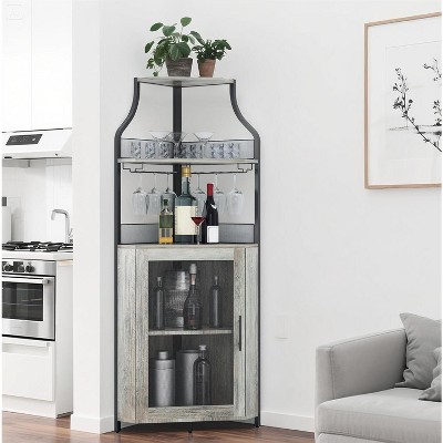 Homfan 5-Tier Corner Bar Cabinet with Lights, Adjustable Shelves & Glass Doors - Home Liquor Wine Display