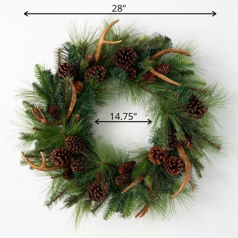 Sullivans Artificial Pine and Antler 28"H Wreath and 14"H Hanger Set, Green and Black, 4 of 6