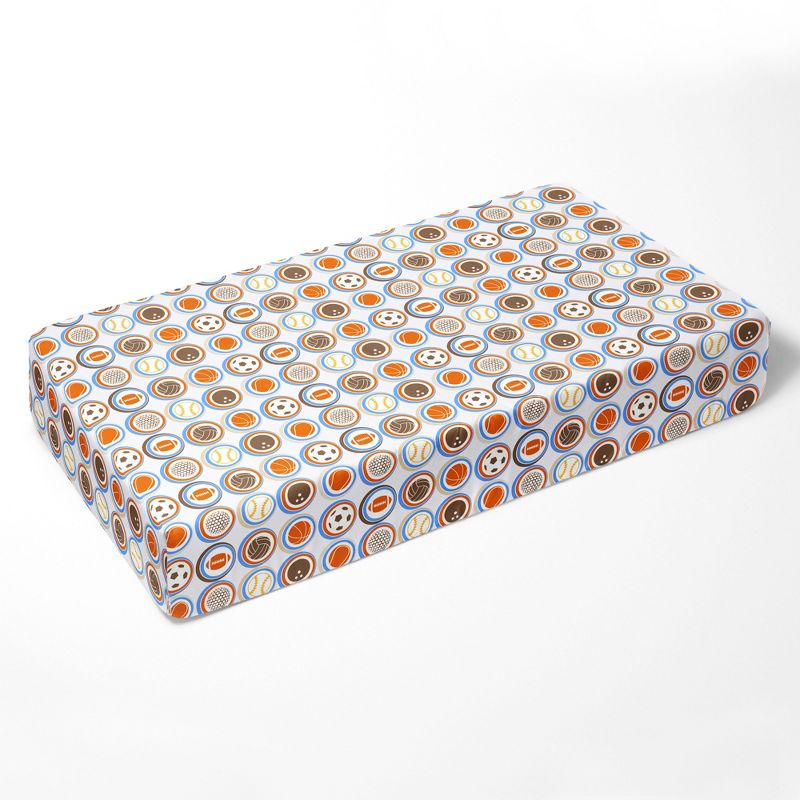 Bacati - Mod Sports Print Blue Orange Chocolate 100 percent Cotton Universal Baby US Standard Crib or Toddler Bed Fitted Sheet, 3 of 7