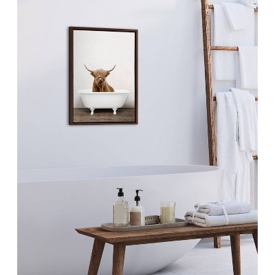 Highland Cow in Tub Brown and White Framed Canvas Print