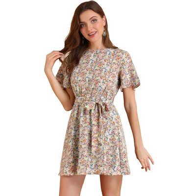 INSPIRE CHIC Women's Short Sleeve Elastic Waist Belted Floral Dress
