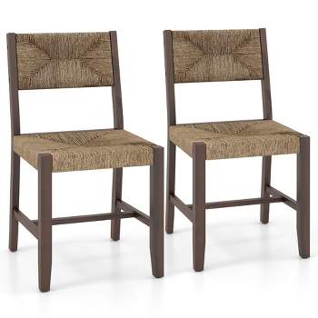 Tangkula Wooden Dining Chair Set of 2 w/ Natural Weave Seagrass Rattan Backrest & Seat