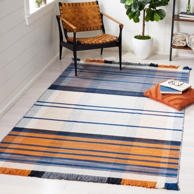 Blue and Orange Striped Wool Flatweave 6' x 9' Area Rug