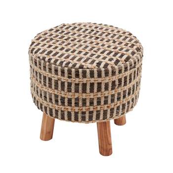 Saro Lifestyle Rustic Elegance Leather and Jute Woven Stool, Brown, 16"x16"x16"