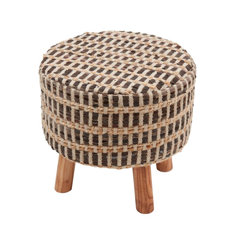 Saro Lifestyle Rustic Elegance Leather and Jute Woven Stool, Brown, 16"x16"x16", 1 of 3
