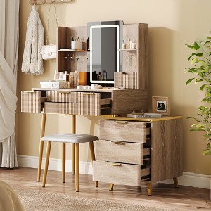 KWPZQEB Rustic Dressing Table Set, Vanity Dressing Table with Cushioned Stool & Mirror, Fluted Vanity Table with Drawers & Storage Shelves for Bedroom - 1 of 4