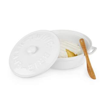Twine Ceramic Brie Baker with Wood Spreader, Brie Baker with Lid, Acacia Wood Spreader, White Ceramic, Set of 1