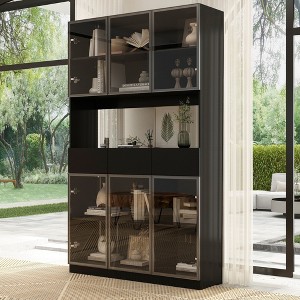 Famapy 74.8" Large Combo Storage Pantry Spacious Bookcase  With Light Modular Bookshelves Display Cabinet Black - 1 of 4