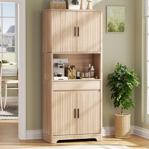 70.1" Tall Fluted Pantry Cabinet, Kitchen Storage Cupboard with Countertop for Microwave, Natural Wood - 1 of 4