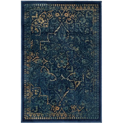 Vintage Blue and Yellow Rectangular Viscose Area Rug