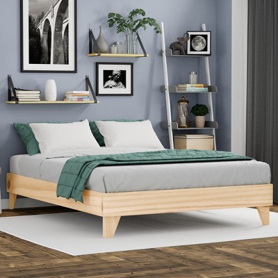Natural Pine Queen Platform Bed Frame with Slats