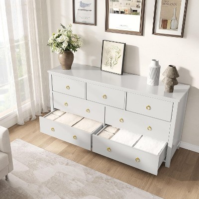 Chest of Dressers with 3 Drawers, Night Stand with Gold Handles, Large Clothes Storage Cabinet for Bedroom, Nursery, Living Room, Closet, White