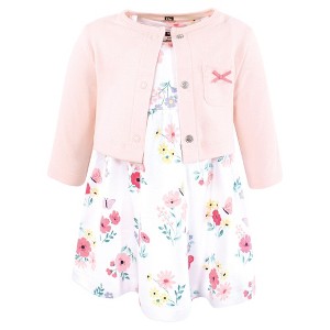 Hudson Baby Infant and Toddler Girls Cotton Dress and Cardigan Set, Butterfly Floral - 1 of 4