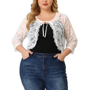 Agnes Orinda Women's Plus Size Shrug 3/4 Sleeves Lace Tie Neck Crop Bolero Cardigan - 1 of 4