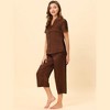 cheibear Women's Soft Satin Button Down with Capri Pants Lounge Pajama Set - 3 of 4