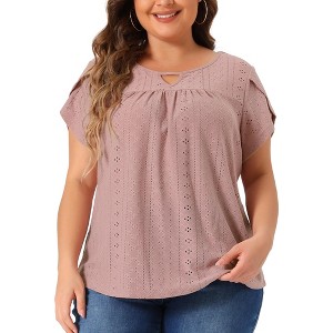 Agnes Orinda Women's Plus Size Eyelet Keyhole Petal Sleeve Round Neck Summer Blouse - 1 of 4