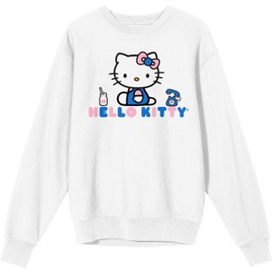 Hello Kitty Phone Graphic Crew Neck Long Sleeve White Fleece Women's Tee - 1 of 3