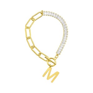 Adornia 14k Gold Plated Half Crystal And Half Paperclip Initial Toggle Bracelet - 1 of 3