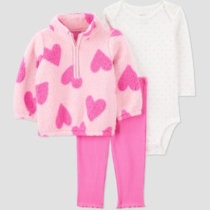 Carter's Just One You® Baby Girls' 3pc Heart Fleece Sweatshirt with Long Sleeve Bodysuit and Leggings Set - Pink - 1 of 4