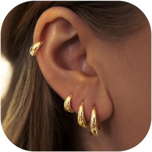Small Gold Huggie Hoop Earrings Set for Women Men Hypoallergenic 14K Plated Stack Cartilage Earrings, Multiple Piercing - 1 of 4