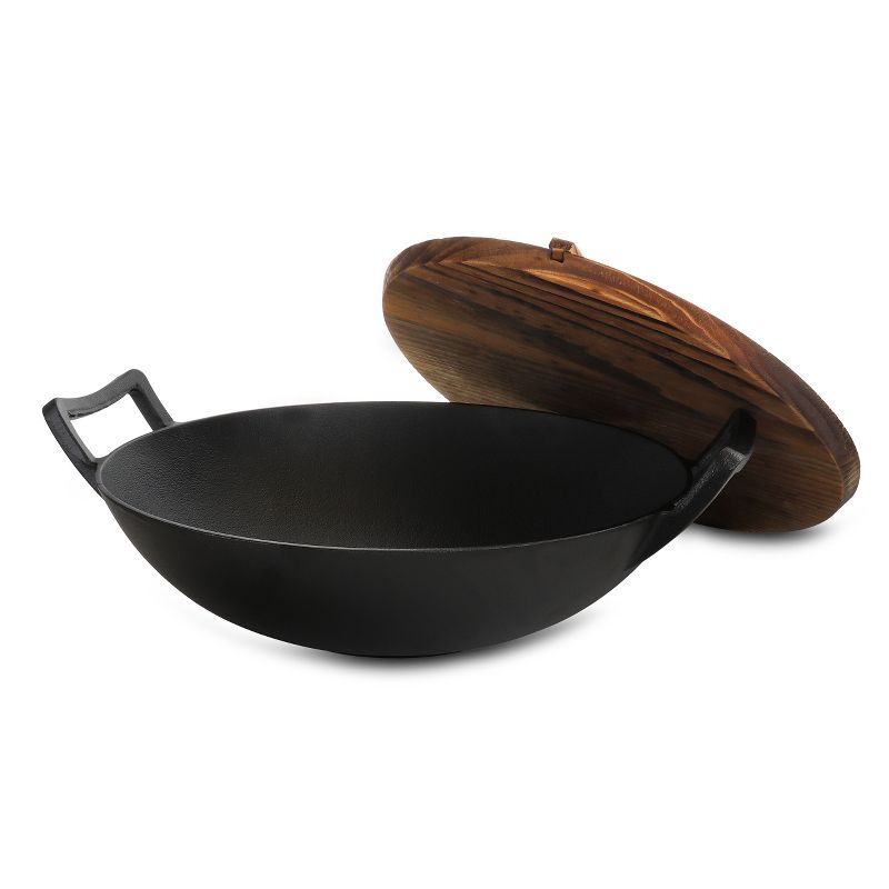 General Store Addlestone 2 Piece 14 Inch Heavy Duty Cast Iron Wok with Wood Lid, 1 of 9