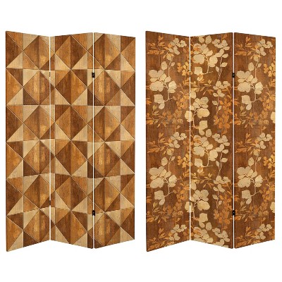 6" Double Sided Wood Inlay Pattern Canvas Room Divider Brown - Oriental Furniture