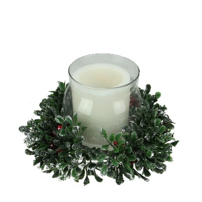 Northlight 11" Boxwood and Berry Tipped Christmas Hurricane Pillar Candle Holder - Green/Silver